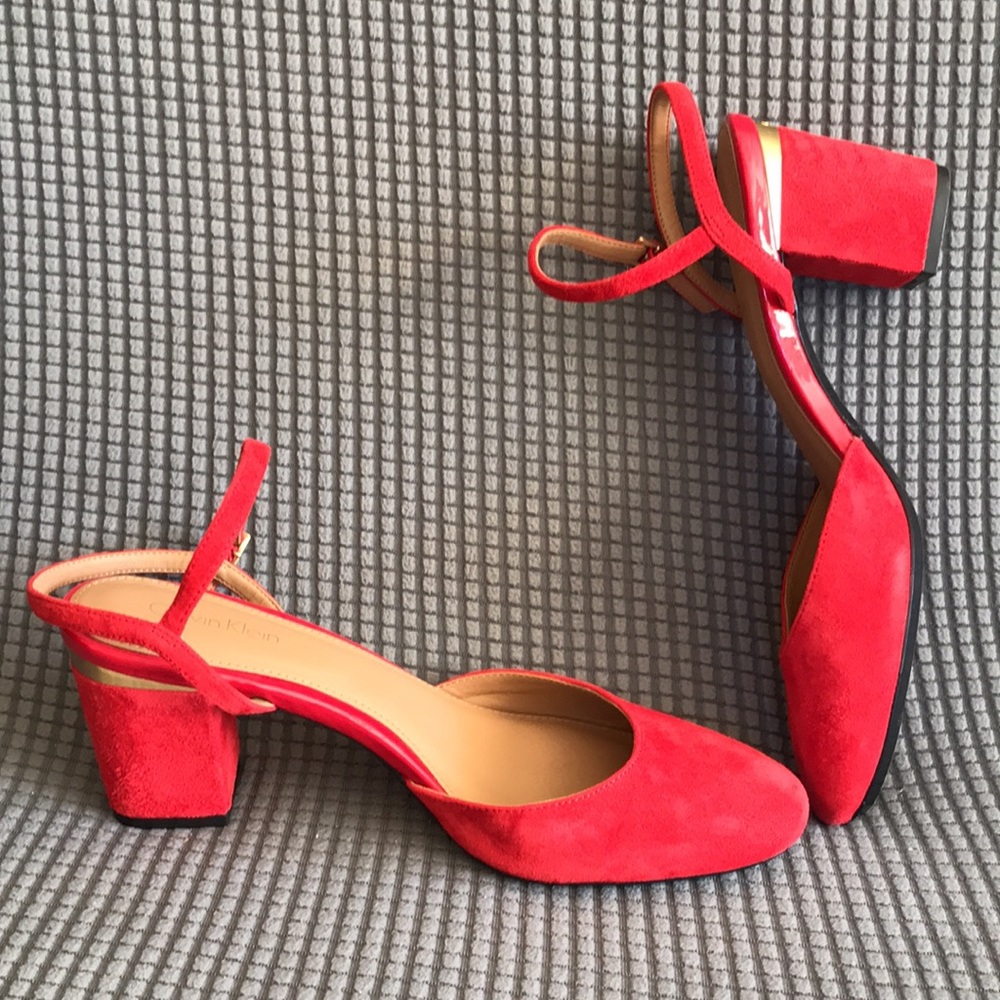 Calvin Klein Red Suede, Strappy, Block Heels!! Size 8
